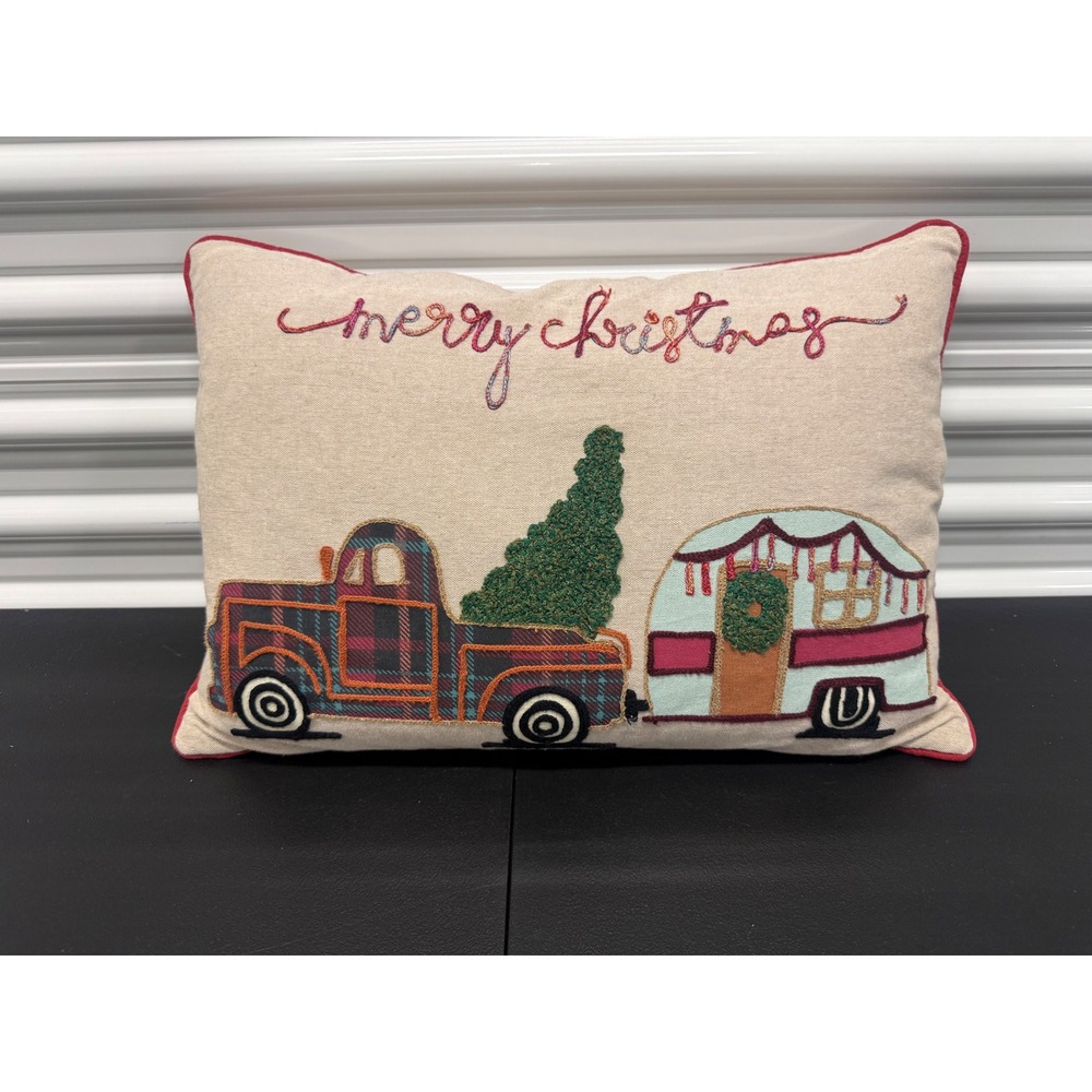 Merry Christmas Camper Truck Embroidered Throw Pillow Down Feather Fill Red